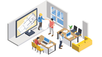 Isometric office scene depicting architects reviewing blueprints and working on computers in a modern space