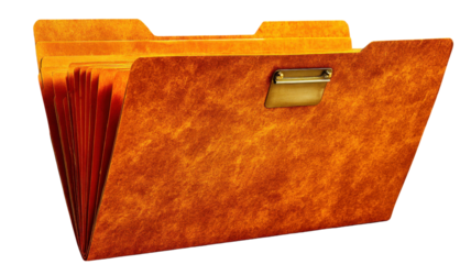 Vintage expanding file folder organizer with metal clasp on transparent background