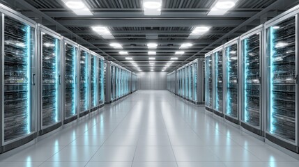 Server Room's Digital Gateway: A hyper-realistic digital render of a high-tech server room, bathed in cool blue light, symbolizing data storage, network security, and the digital world.