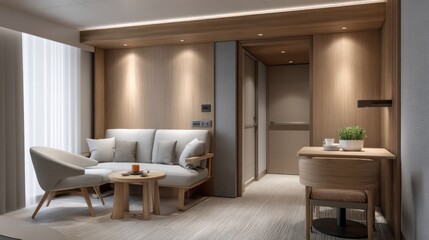 Fototapeta premium Compact guest suite with pale cedar furniture and wall-mounted lighting, cinematic top-down light with precise depth control and warm