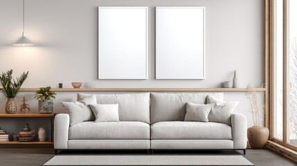 Modern living room with two blank canvases