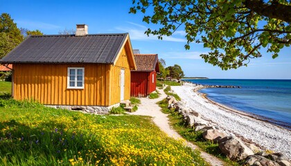 Colorful beach huts by the sea