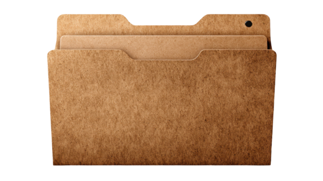 Classic brown file folder with documents isolated on a transparent background for organizing information