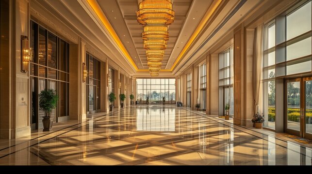 Elegant interior hallway with chandeliers at a luxury venue during golden hour