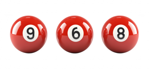 Red billiard balls numbered on transparent png background