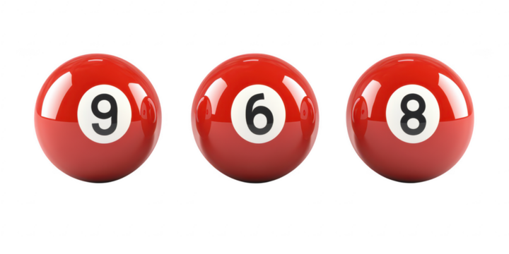 Red billiard balls numbered on transparent png background