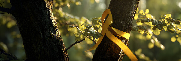 Symbolic Yellow Ribbon Against a Tranquil Natural Backdrop Signifying Remembrance and Waiting