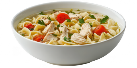 Bowl of chicken noodle soup closeup on transparent png background