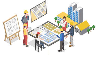 Isometric view showing a group of architects discussing plans around a table with buildings nearby