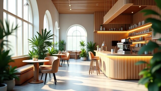Modern cafe interior design with wooden accents and greenery. - Powered by Adobe