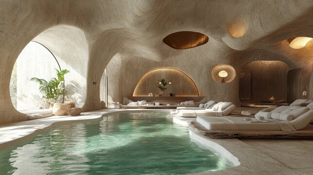 serene indoor pool area designed with organic architectural shapes and soft ambient lighting creates a relaxing and luxurious spa retreat for wellness and rejuvenation offering a peaceful getaway