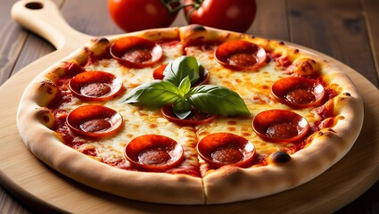 Close-Up of Pepperoni Pizza with Basil on Rustic Wooden Board