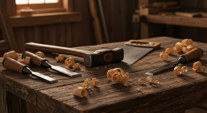 Woodworking tools on rustic workbench - Powered by Adobe