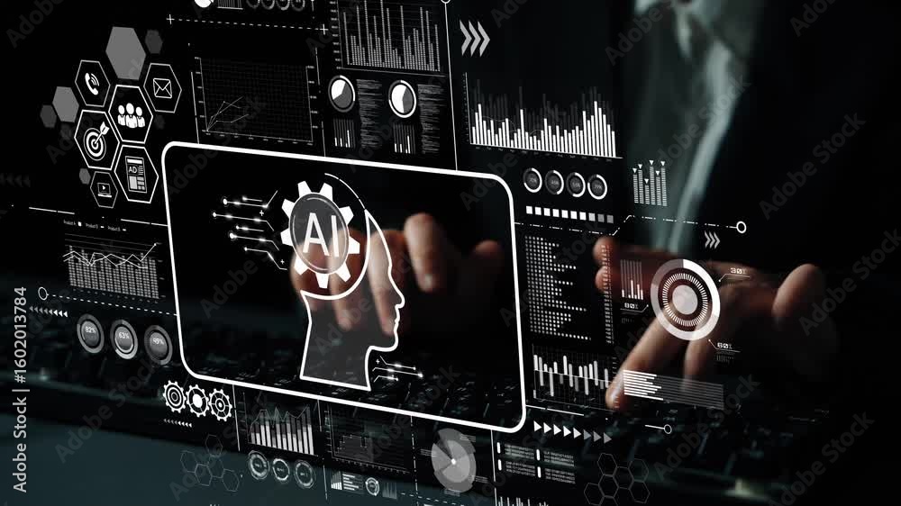 Poster modern businessman working with artificial intelligence technology and data analytics for innovative