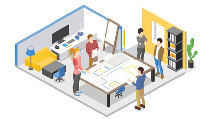 Isometric view of team collaborating on a large blueprint in an office space with furniture and decor