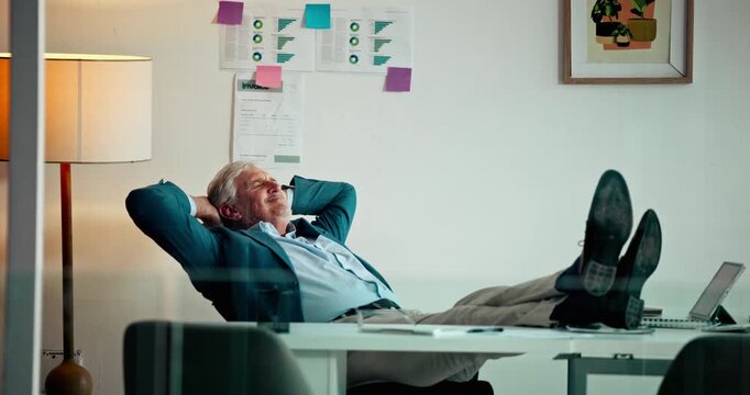 Done, relax and smile with business man at desk in office for break, complete task or satisfaction. Feet up, hands behind head and rest with happy mature employee in workplace to finish assignment