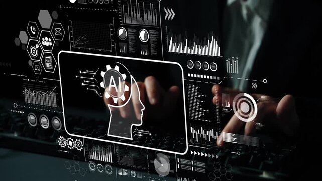 Modern Businessman Working with Artificial Intelligence Technology and Data Analytics for Innovative Solutions. Asymptotic smart data analytic.