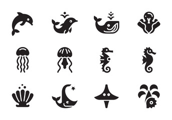 Collection of minimalist black and white sea creatures illustrations perfect for ocean themed designs and marine life educational materials