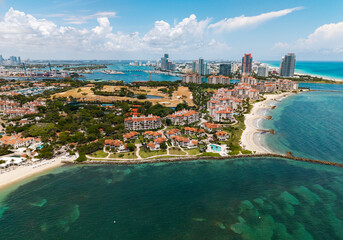 Miami cityscape with luxury skyscrapers and ocean. Panoramic drone view of Miami coastline. Miami...