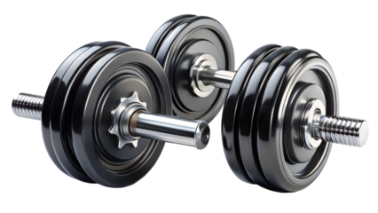 Photo of two heavy dumbbells for weightlifting isolated on transparent background