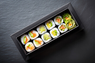 Overhead View of Assorted Sushi Rolls with Salmon and Avocado in Takeout Box – Includes Fresh Salad, Presented on Dark Background for Food Photography or Menu Design

