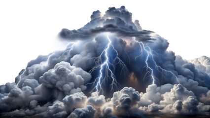 Photo of a dramatic lightning strike illuminating a dark stormy cloud formation isolated on transparent background