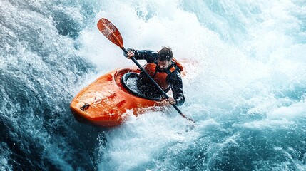 A breathtaking scene of a skilled kayaker navigating through intense whitewater rapids, showcasing the thrill of river adventure sports.