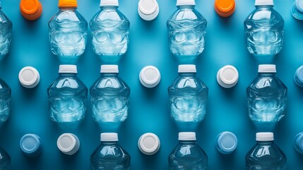 Water bottles arranged on a blue surface showcasing various color caps for environmental awareness and recycling initiatives