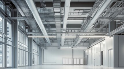 Modern industrial interior with exposed piping and high ceilings in a spacious facility