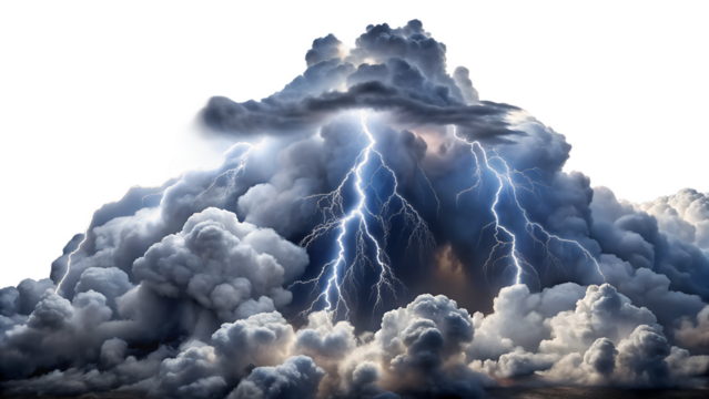 Photo of a dramatic lightning strike illuminating a dark stormy cloud formation isolated on transparent background