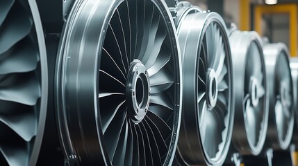 Engine components arranged in a manufacturing facility showcasing advanced aerodynamic design and engineering precision