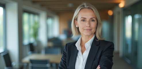 Portrait of a professional woman in a suit standing in a modern office. Mature business woman looking at the camera in a workplace meeting area.	
