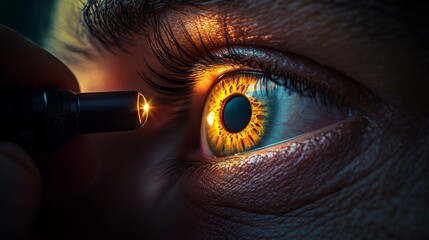 Examination of a human eye with a flashlight in a darkened room focusing on a vibrant iris