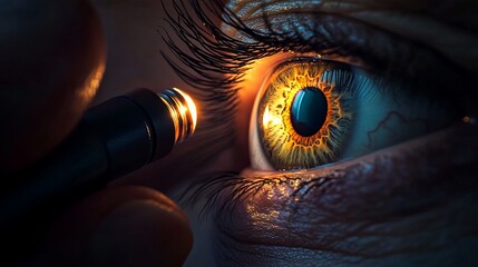 Close-up examination of a human eye with a penlight during a medical check-up at a clinic