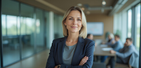 Portrait of a professional woman in a suit standing in a modern office. Mature business woman looking at the camera in a workplace meeting area.	