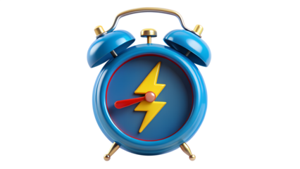Photo of a blue vintage alarm clock with a lightning bolt on its face isolated on transparent background