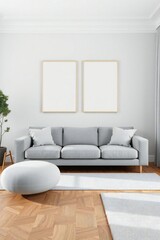 Fototapeta premium Modern living room with grey sofa white ottoman and blank picture frames