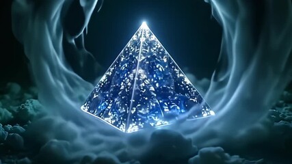 As kaleidoscopic shapes gradually coalesce, the glowing pyramid of noise hazy abstract vibrations rises from the center, reflecting soft jewel tones of emerald and sapphire, spinning slowly - Powered by Adobe