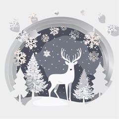 Papercraft illustration, deer in a winter forest with snowflakes and paper trees