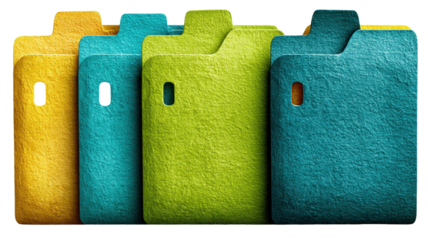 Vibrant textured folders in yellow, blue and green colors for document management