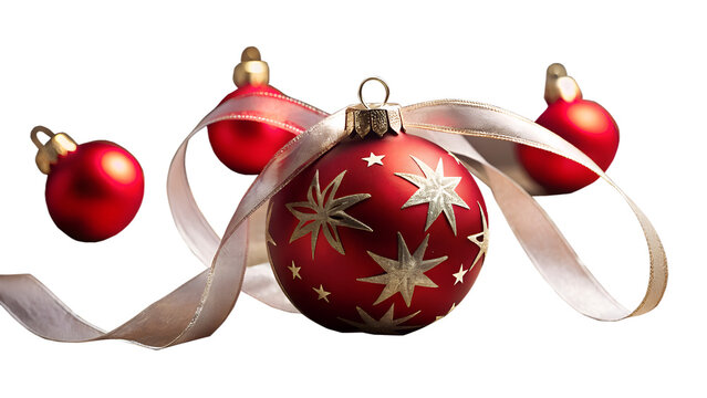 Photo of a group of red christmas ornaments decorated with gold stars and a silver ribbon isolated on transparent background - Powered by Adobe