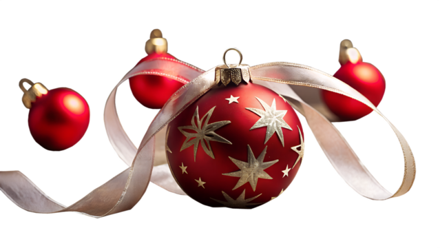 Photo of a group of red christmas ornaments decorated with gold stars and a silver ribbon isolated on transparent background