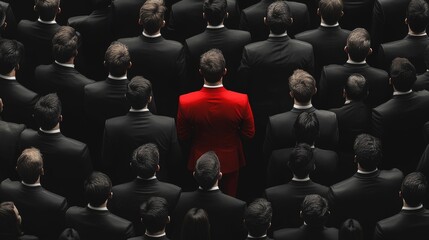 Group of men in suits with one man standing out in red suit during a formal gathering at an indoor venue