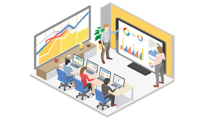 Obraz premium Isometric view of a business presentation with charts and graphs being presented to a group of people at computers