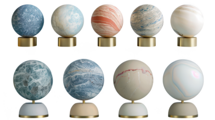 A collection of decorative spheres resembling planets each unique in color and texture isolated on transparent background