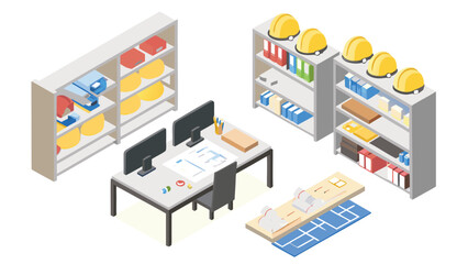 Isometric office scene with desks, computers, shelves, helmets and architectural plans shown clearly