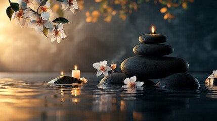 Serenity and tranquility with stones, candles, and flowers by peaceful water at dusk