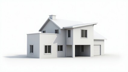 Modern house model rendered in grayscale.