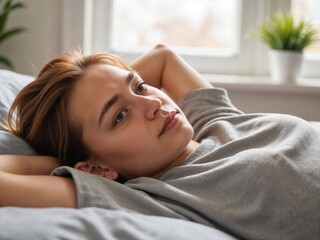 Fototapeta premium Pensive teenager lying on bed with hands behind head