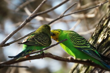 budgie pair feeding each other
